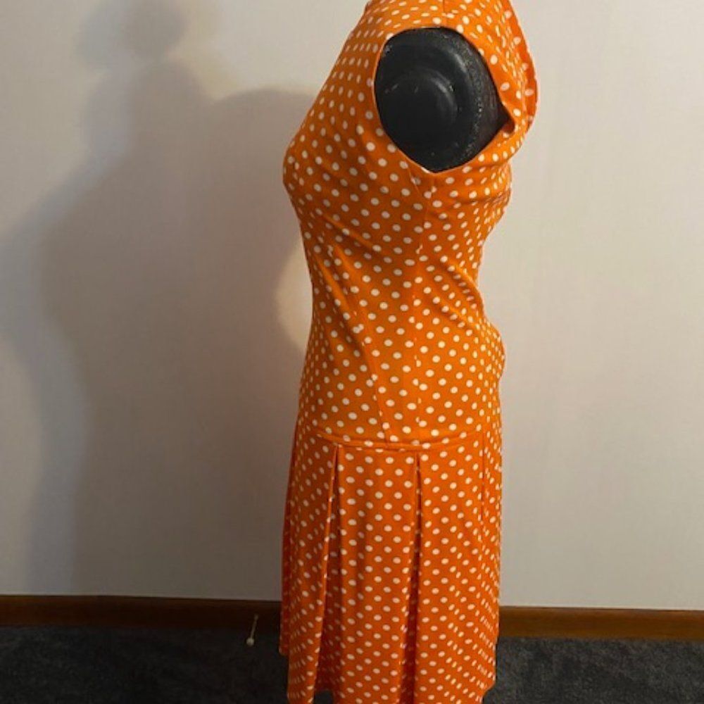Vintage 60's Orange/White Polka dot drop waist pleated sleeveless dress, size XS - Picture 2 of 6
